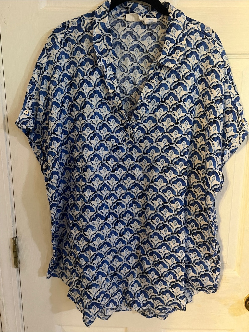 Sigrid Olsen Blue Patterned V-Neck Short Sleeve Top 100% Linen 1X